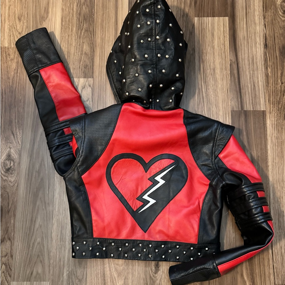 Leather Rise of Red Descendants 4 Studded Hooded Heart Zip Up Red Black Jacket M